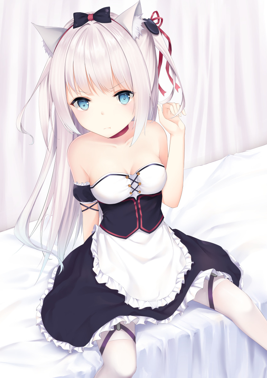 1girl :t absurdres animal_ear_fluff animal_ears apron azur_lane bare_shoulders bed black_bow black_dress black_sleeves blue_eyes bow breasts cat_ears cat_hair_ornament choker closed_mouth collarbone commentary_request detached_sleeves dress female_focus frilled_apron frills grey_hair hair_ornament hair_ribbon hammann_(azur_lane) hammann_(retrofit)_(azur_lane) hand_up highres karin_(fineyanny) long_hair looking_at_viewer medium_breasts on_bed one_side_up pantyhose pout puffy_short_sleeves puffy_sleeves red_choker red_ribbon remodel_(azur_lane) ribbon short_sleeves sidelocks sitting solo strapless strapless_dress v-shaped_eyebrows very_long_hair waist_apron white_apron white_pantyhose