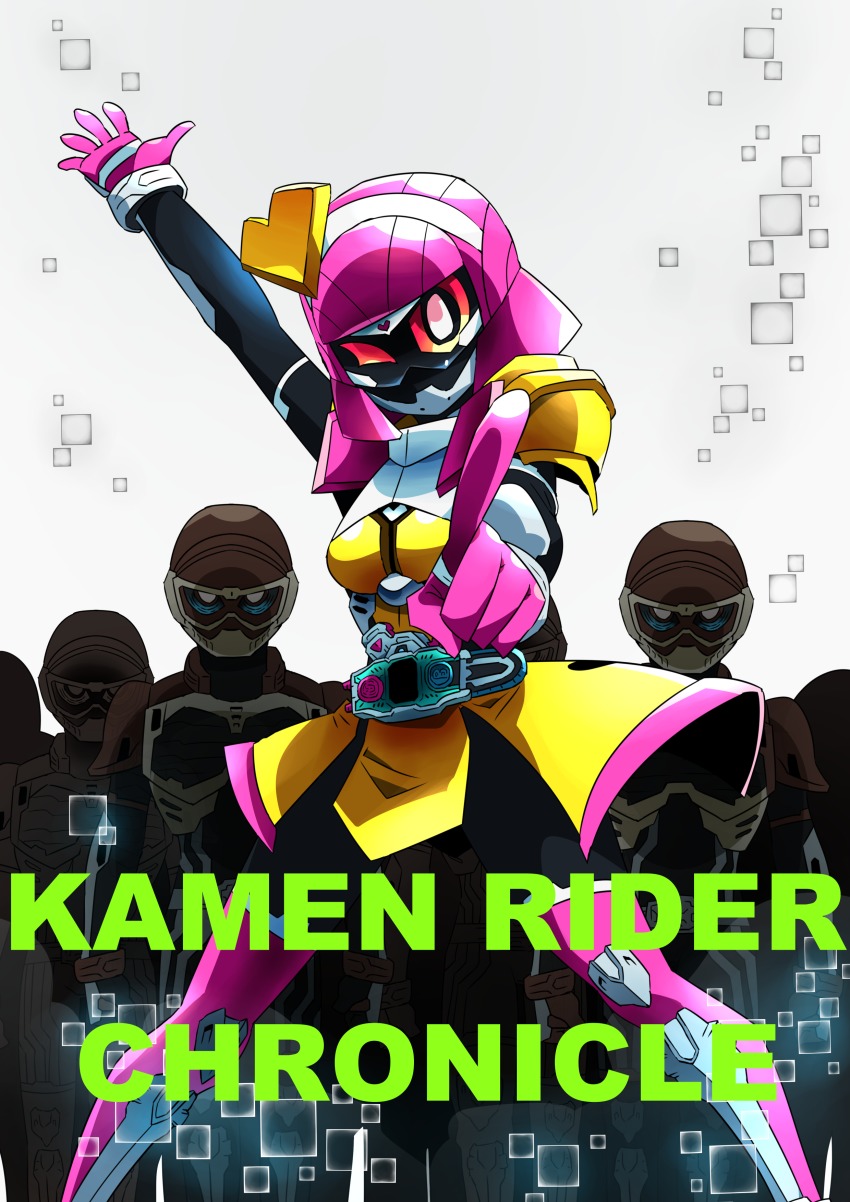1girl absurdres armor belt highres kamen_rider kamen_rider_ex-aid_(series) kamen_rider_poppi one_eye_closed otokamu outstretched_arms pointing poppi_pipopapo ride_player spoilers