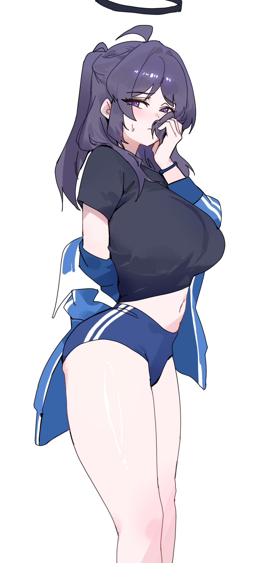 1girl absurdres ahoge bare_legs black_shirt blue_archive blue_buruma blue_jacket breasts buruma dokshuri feet_out_of_frame gym_shirt gym_uniform half_updo halo highres jacket jacket_partially_removed large_breasts looking_at_viewer looking_to_the_side navel official_alternate_costume purple_hair shirt simple_background solo stomach sweatdrop t-shirt track_jacket white_background yuuka_(blue_archive) yuuka_(track)_(blue_archive)