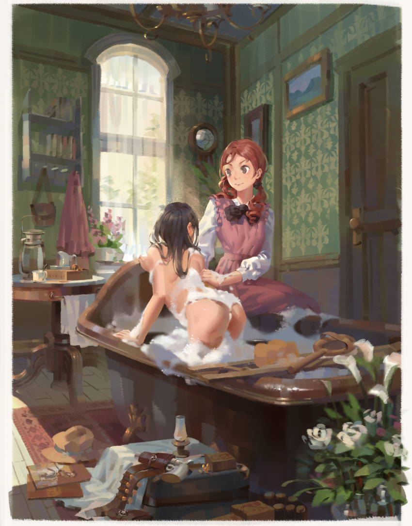 2girls absurdres apron arm_support ass back bag bath bathing bathtub belt bent_over black_hair blouse bookshelf border bow bowtie bubble_bath chandelier clock clothed_female_nude_female cowboy_western cup curtains door dress drill_hair facing_away female_focus flower frilled_apron frills gun handgun hat highres holster indoors lamp long_hair looking_at_another multiple_girls nude original painting_(object) parted_bangs pitcher_(container) psi_(583278318) puffy_sleeves realistic red_hair revolver rug shirt shoulder_blades sitting slice_of_life smile soap soap_bubbles suitcase table twin_drills twintails unworn_belt unworn_hat unworn_headwear wall_clock washing weapon white_shirt window wooden_floor yuri