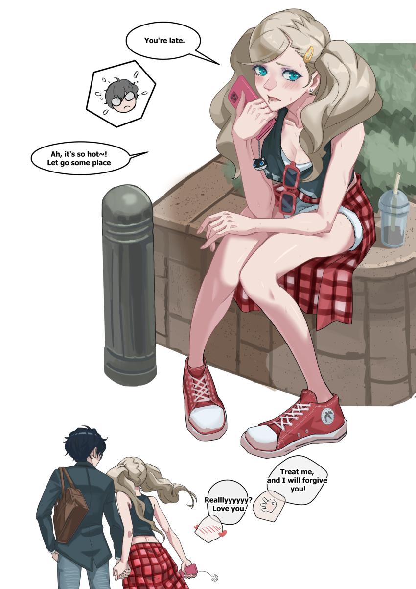 1boy 1girl absurdres amamiya_ren bag black_jacket black_tank_top blue_eyes blush breasts brown_bag bush cleavage clothes_around_waist couple cup dating day disposable_cup earrings english_text eyewear_hang hair_ornament hairclip handbag heart highres holding_hands hot jacket jewelry long_hair looking_at_viewer medium_breasts open_mouth outdoors persona persona_5 plaid_clothes plaid_shirt red-framed_eyewear red_footwear shirt shirt_around_waist shoes short_shorts shorts sitting sneakers speech_bubble spoken_blush spoken_emoji spoken_expression stud_earrings sunglasses swallowszinan sweat takamaki_anne talking tank_top thighs twintails typo unworn_eyewear waiting wavy_hair white_background