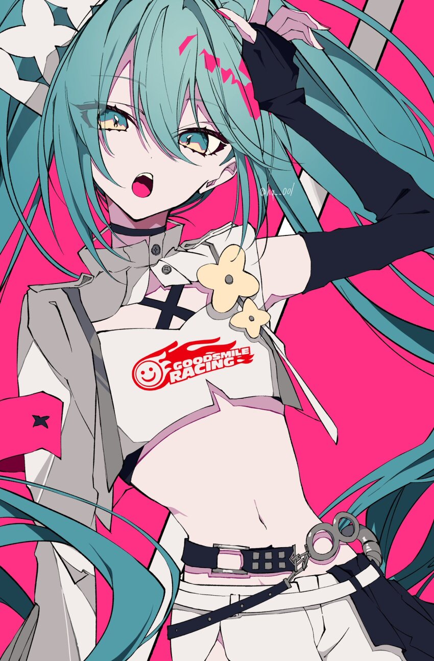 1girl aqua_eyes aqua_hair arm_up artist_name belt black_belt black_choker black_gloves choker clothes_writing commentary company_name crop_top double-parted_bangs elbow_gloves expressionless fingerless_gloves fingernails flat_chest gloves goodsmile_racing hair_between_eyes hatsune_miku highres hp_001 infinity_symbol long_hair long_sleeves looking_at_viewer midriff multicolored_eyes nail_polish navel open_mouth pink_background pink_nails racing_miku racing_miku_(2025) shorts simple_background single_glove single_sleeve solo symbol-only_commentary twintails twitter_username two-tone_eyes upper_body very_long_hair vocaloid white_shorts yellow_eyes