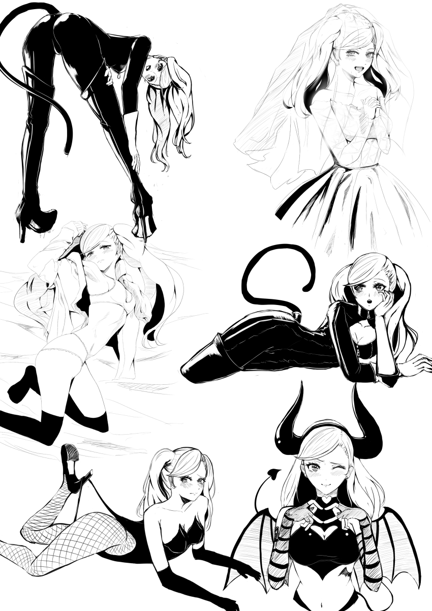 1girl 403_oekaki_suke absurdres animal_ears ass bare_shoulders blush breasts bride cleavage clothes_pull collarbone demon_horns fake_animal_ears fake_tail high_heels highres horns large_breasts leaning_forward leotard lying medium_breasts midriff monochrome multiple_views navel on_side persona persona_5 playboy_bunny pussy simple_background skin_tight skinsuit solo swept_bangs tail takamaki_anne twintails underwear white_background