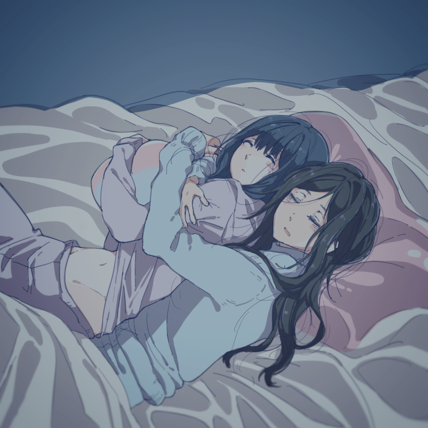 10kanaga 2girls bed black_hair closed_eyes groin hibike!_euphonium highres hug indoors kasaki_nozomi liz_to_aoi_tori long_hair midriff multiple_girls no_panties open_mouth pajamas sleeping sleepover yoroizuka_mizore yuri