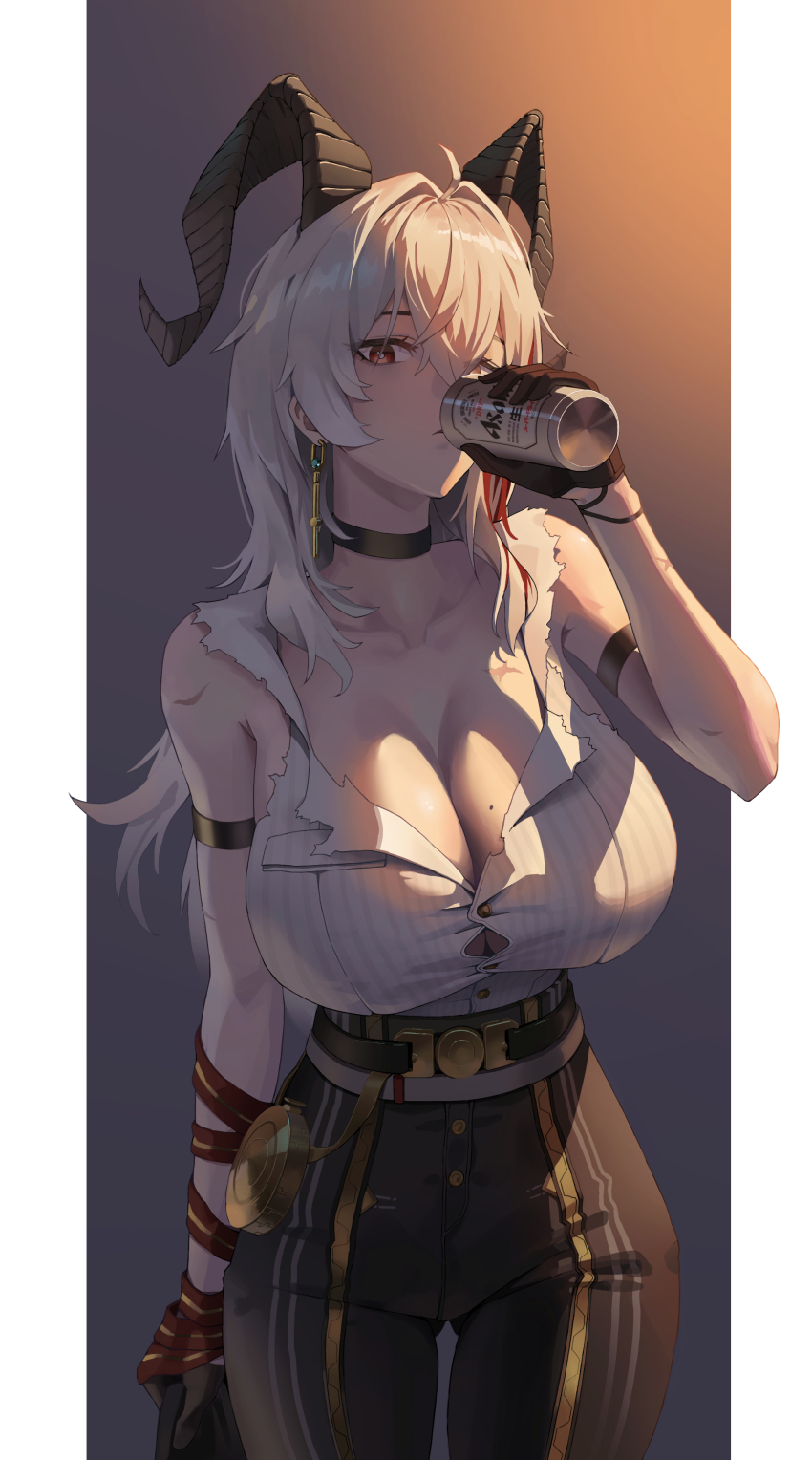 1girl absurdres arm_strap asahi_breweries bare_shoulders belt black_choker black_pants breasts button_gap buttons can choker cleavage commentary cowboy_shot earrings english_commentary hand_up high-waist_pants highres holding holding_can horns jewelry large_breasts long_hair looking_at_viewer mole mole_on_breast pants red_eyes ribbed_shirt ribbon shirt shirt_tucked_in sleeveless sleeveless_shirt solo torn_clothes torn_shirt white_hair white_shirt woottak09 wrist_ribbon wuthering_waves zani_(wuthering_waves)