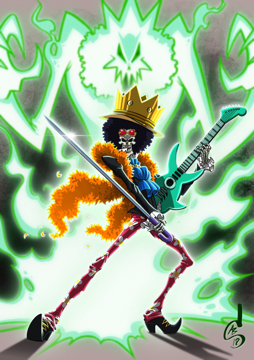1boy absurdres afro artist_logo ascot bernanart black_hair blue_ascot brook_(one_piece) clenched_teeth commentary crown_hat electric_guitar english_commentary eyewear_on_head frilled_sleeves frills full_body ghost guitar hat highres holding holding_instrument holding_sword holding_weapon instrument logo long_sleeves male_focus one_piece pink-tinted_eyewear signature skeleton solo sunglasses sword teeth tinted_eyewear weapon yellow-framed_eyewear
