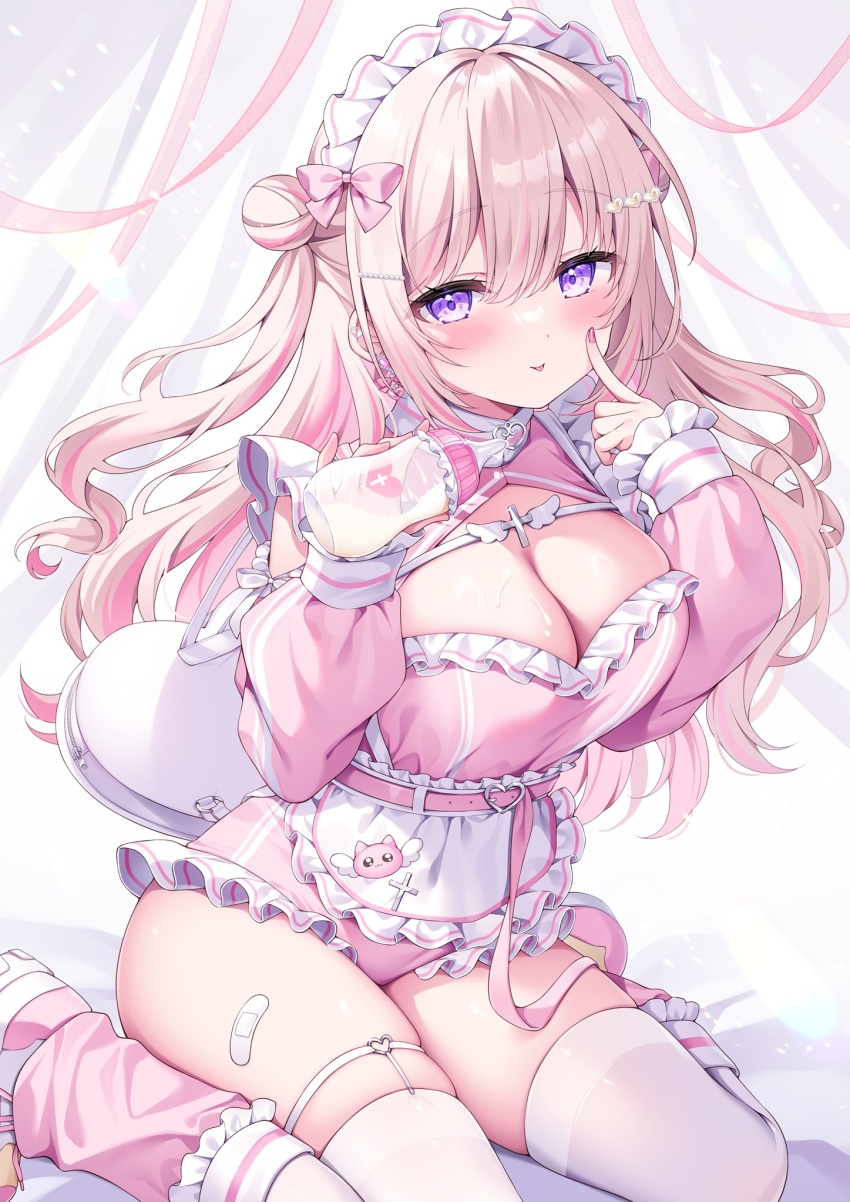 1girl :p apron bandaid bandaid_on_leg blush bottle breasts cleavage cleavage_cutout clothing_cutout double_bun dress frilled_dress frills hair_bun hair_ornament heart heart_hair_ornament highres holding holding_bottle large_breasts leg_warmers light_brown_hair long_hair maid_headdress milk_bottle multicolored_hair nail_polish original pink_dress pink_hair pink_leg_warmers pink_nails purple_eyes shiono_(0303) solo streaked_hair thighhighs tongue tongue_out white_apron white_thighhighs