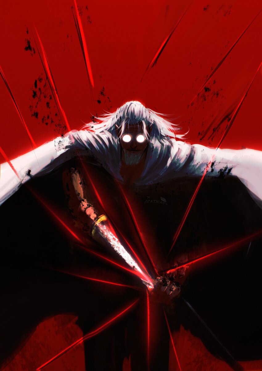 1boy absurdres beard cape closed_mouth commentary crain1art facial_hair glasses highres holding holding_sword holding_weapon hood hooded_cape long_hair male_focus one_piece red_background sheath silvers_rayleigh simple_background smile solo sword unsheathing weapon white_cape
