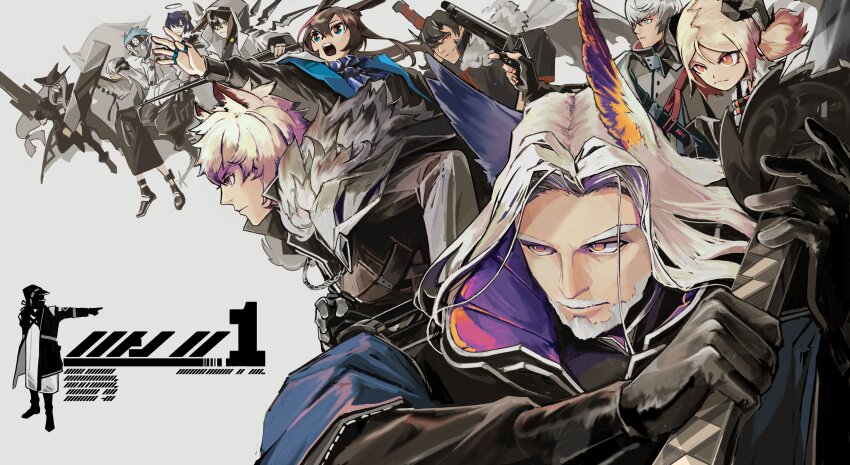 6+boys 6+girls absurdres amiya_(arknights) arknights ayerscarpe_(arknights) black_gloves blonde_hair bright_pupils character_request closed_mouth doctor_(arknights) ethan_(arknights) executor_(arknights) flamebringer_(arknights) gloves grey_hair gun halo handgun head_wings hellagur_(arknights) highres holding holding_gun holding_sword holding_weapon ifrit_(arknights) multiple_boys multiple_girls oaza open_mouth outdoors short_hair silverash_(arknights) sword weapon white_pupils wings