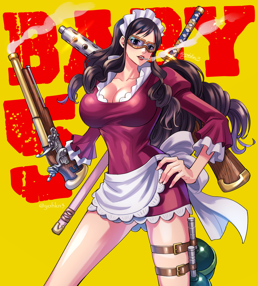 1girl antique_firearm apron baby_5 black_eyes black_hair breasts buki_buki_no_mi character_name cigarette cleavage female_focus firearm firelock flintlock glasses granade gun hand_on_own_hip highres holding holding_gun holding_weapon katana large_breasts long_hair maid_apron maid_headdress one_piece smoke smoking solo submachine_gun sword thigh_strap weapon youkan_(tako)