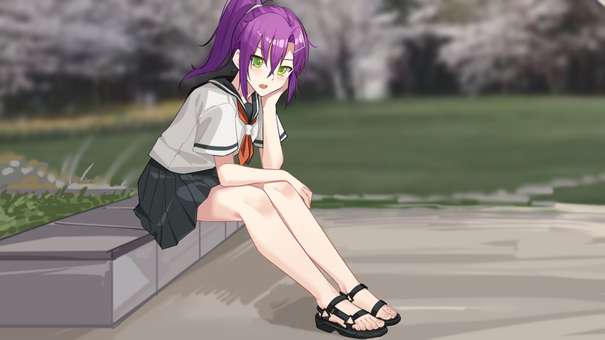 1girl absurdres bare_legs black_sailor_collar black_sandals black_skirt blurry blurry_background blush commission eyelashes feet full_body green_eyes hair_between_eyes hair_ornament hairclip hand_up head_rest highres irotoridori_no_sekai leaning_forward legs looking_at_viewer nanase_young natsume_suzu neckerchief open_mouth orange_neckerchief outdoors pixiv_commission pleated_skirt ponytail purple_hair sailor_collar sandals school_uniform serafuku shirt short_sleeves sidelocks sitting skirt solo toenails toes white_shirt