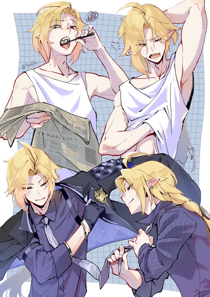 1boy absurdres black_gloves black_jacket blonde_hair brushing_teeth collared_shirt gloves heterochromia highres holding holding_newspaper hugo_vlad jacket long_hair male_focus mole mole_under_eye necktie newspaper pointy_ears purple_necktie purple_shirt shirt t-shirt tank_top torokko upper_body white_shirt zenless_zone_zero