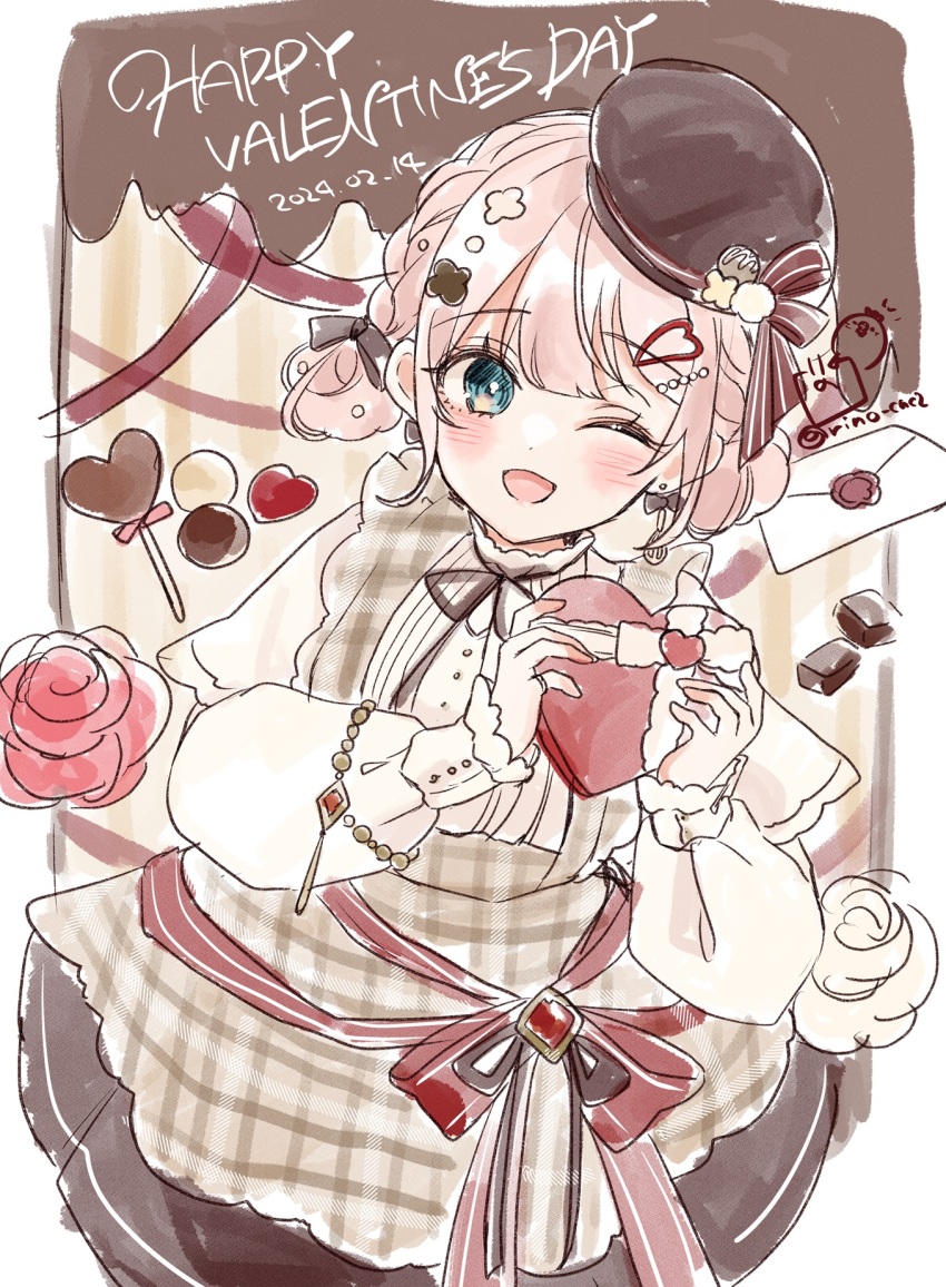 1girl ;d apron beret black_hat blue_eyes box braid brown_apron brown_hair brown_skirt capelet commentary_request dated envelope flower gift happy_valentine hat heart heart-shaped_box highres holding holding_gift long_sleeves looking_at_viewer one_eye_closed open_mouth original pink_flower pink_rose plaid_apron plaid_clothes puffy_long_sleeves puffy_sleeves rino_cnc rose shirt skirt smile solo tilted_headwear twitter_username valentine white_capelet white_shirt