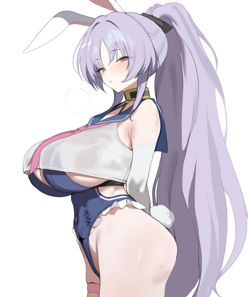 1girl absurdres animal_ear_hairband animal_ears black_ribbon blue_sailor_collar blue_serafuku blush breasts covered_navel fake_animal_ears grey_eyes hairband high_ponytail highleg highleg_one-piece_swimsuit highres large_breasts long_hair looking_at_viewer neckerchief one-piece_swimsuit pink_neckerchief ponytail purple_hair rabbit_ear_hairband rabbit_ears ribbon sailor_collar school_uniform serafuku shia_(stella_sora) solo stella_sora swimsuit toma_(toma50)