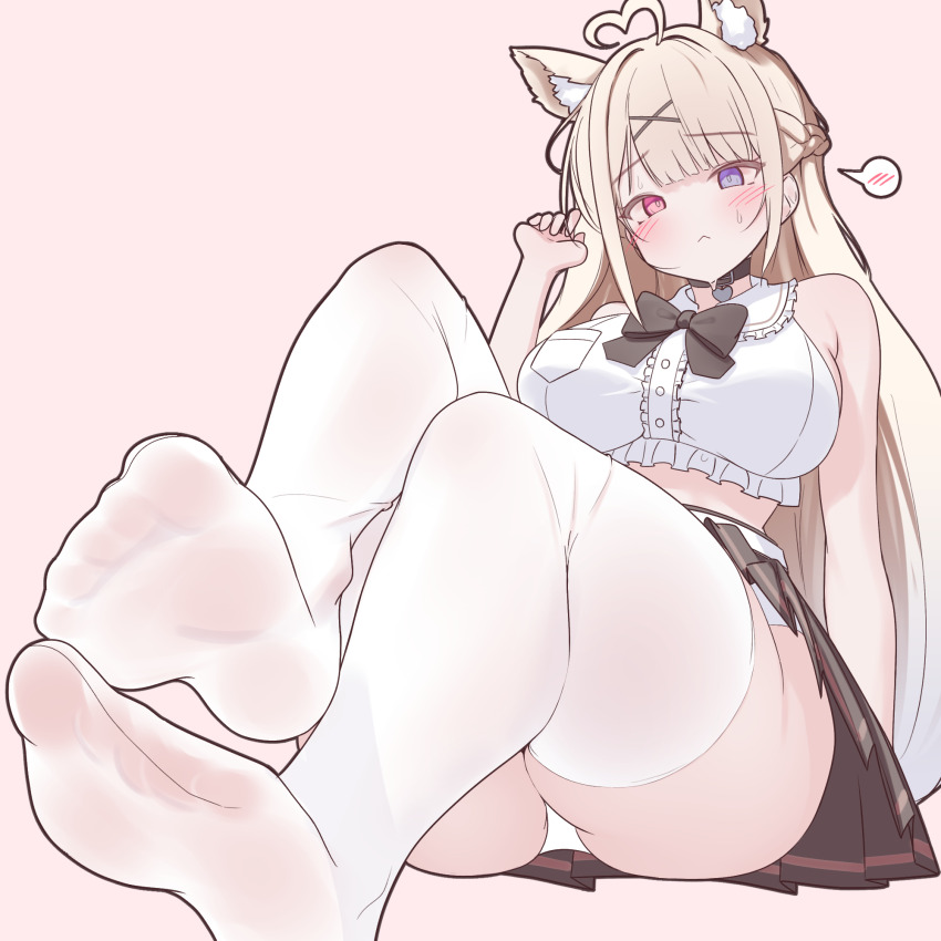 1girl ahoge animal_ears ass blonde_hair blue_eyes blush bow bowtie braid breasts choker crop_top feet foot_focus foreshortening frills hair_ornament heart heart_choker heterochromia highres indie_virtual_youtuber large_breasts long_hair looking_at_viewer no_shoes panties pleated_skirt presenting_foot rapid17 red_eyes shirt simple_background sitting skirt soles solo spoken_blush thighhighs thighs toes underwear white_panties white_thighhighs x_hair_ornament