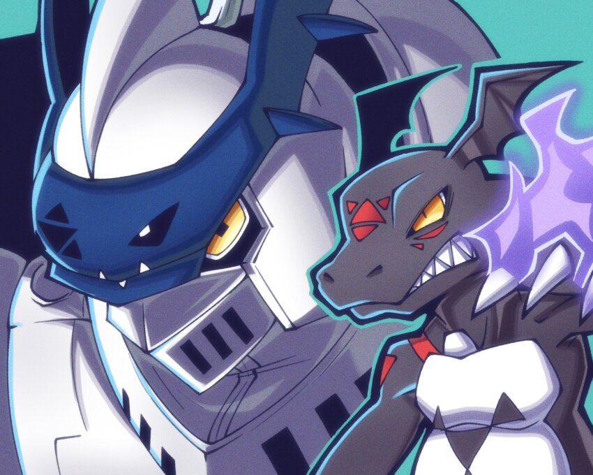 armor blackguilmon chaosdukemon digimon digimon_(creature) digital_hazard fire full_armor highres triangle wings yellow_eyes