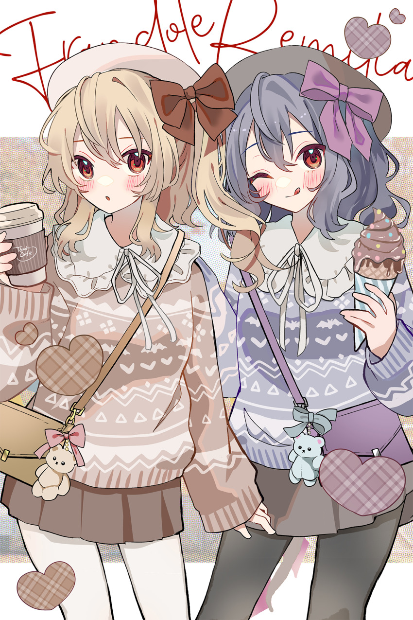 2girls :o ;q alternate_costume animal_print bad_source bag bat_print black_hat black_pantyhose black_skirt blonde_hair blue_bag blue_hair blue_sweater blush bow brown_skirt brown_sweater character_name charm_(object) cowboy_shot cup disposable_coffee_cup disposable_cup double-parted_bangs flandre_scarlet food hair_between_eyes hair_bow hat heart highres holding holding_cup holding_food holding_ice_cream holding_ice_cream_cone ice_cream ice_cream_cone long_hair long_sleeves looking_at_viewer multiple_girls one_eye_closed pantyhose pink_bow pleated_skirt purple_bag red_bow red_eyes remilia_scarlet shoulder_bag siblings sisters skirt sleeves_past_wrists sweater tamagogayu1998 tongue tongue_out touhou white_hat white_pantyhose