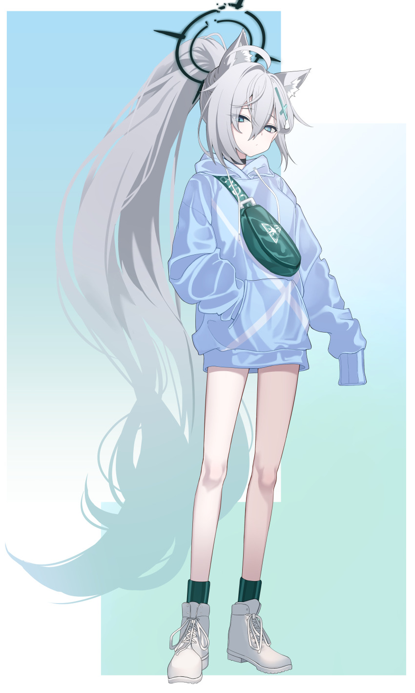 1girl absurdres alternate_costume alternate_hairstyle animal_ears antenna_hair blue_archive blue_eyes full_body grey_hair halo highres hood hooded_jacket jacket looking_at_viewer momip ponytail shiroko_(blue_archive) shiroko_terror_(blue_archive) solo standing wolf_ears