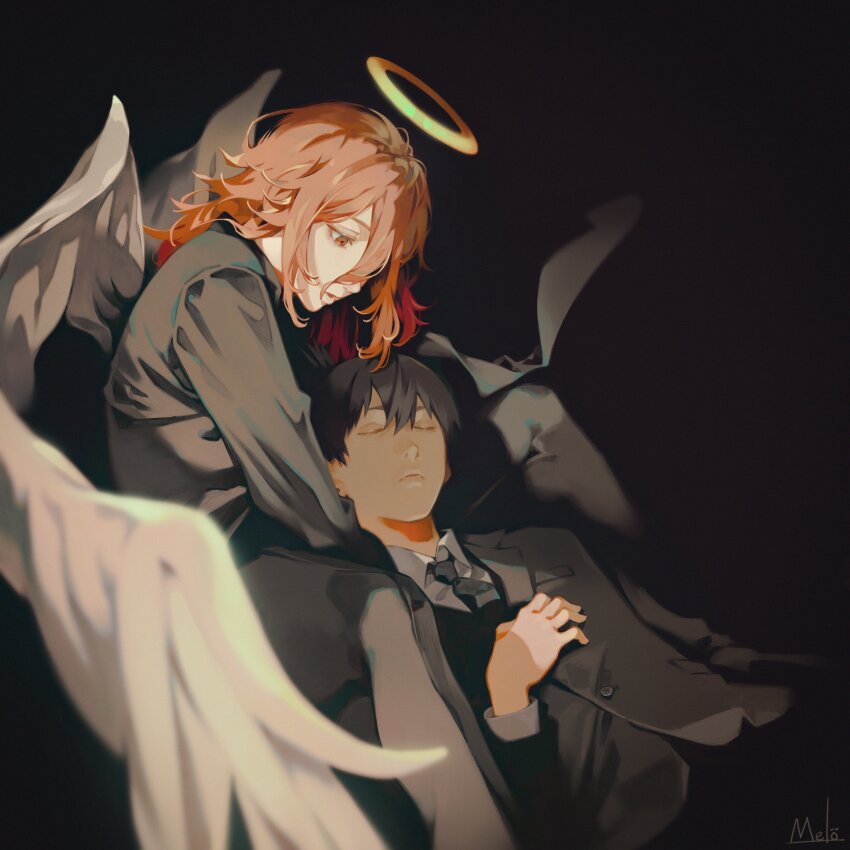 2boys absurdres angel_devil_(chainsaw_man) angel_wings black_background black_hair black_necktie chainsaw_man closed_eyes closed_mouth collared_shirt commentary_request formal_clothes hair_between_eyes halo hayakawa_aki highres jacket kyuuba_melo looking_at_another male_focus medium_hair multiple_boys necktie pants shirt short_hair simple_background suit suit_jacket topknot traditional_halo white_shirt white_wings wings