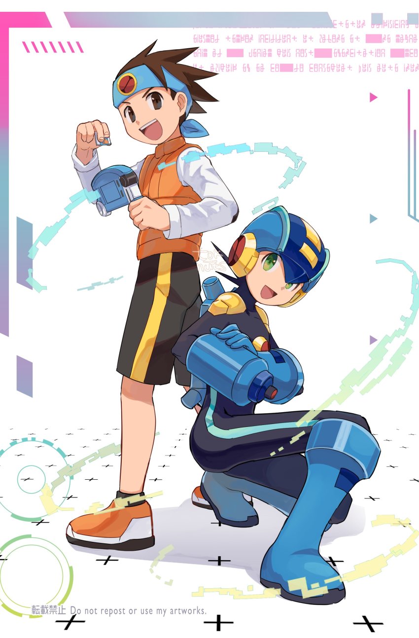 2boys :d absurdres arm_cannon artist_name battle_chip black_bodysuit black_hair black_shorts blue_footwear blue_headband blue_headwear blue_helmet bodysuit boots brown_eyes brown_hair commentary_request english_text green_eyes hand_on_own_arm happy headband helmet highres holding lan_hikari_(mega_man) long_sleeves looking_at_viewer male_focus mega_man_(series) mega_man_battle_network mega_man_battle_network_(series) megaman.exe multiple_boys netnavi open_mouth orange_shoes orange_vest personal_terminal shirt shoes short_hair shorts smile sneakers spiked_hair squatting standing teeth tok_nuts upper_teeth_only vest watermark weapon white_background white_shirt