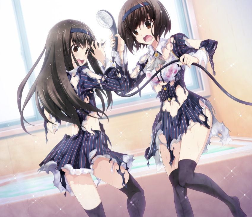 1boy 1girl bath bathroom black_hair black_thighhighs blue_hairband blush bra brother_and_sister brown_eyes brown_hair chaos;child chaos;child_love_chu_chu!! clothing_request crossdressing disintegration dress frilled_dress frills game_cg gold_buttons hairband highres holding holding_shower_head indoors light_particles long_hair long_sleeves miniskirt multiple_girls navel non-web_source official_art open_mouth panties pink_bra pink_panties pinstripe_dress pinstripe_pattern sasaki_mutsumi short_hair shower_head showering siblings skirt striped_clothes striped_dress surprised tachibana_yui tachibana_yuuto teeth thick_thighs thighhighs thighs tongue torn_clothes underwear upper_teeth_only vertical-striped_clothes vertical-striped_dress wardrobe_malfunction washing_hair wet white_petticoat