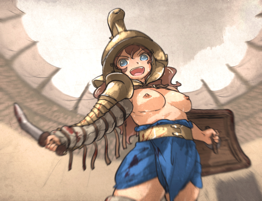1girl arena arm_armor armor arms_at_sides arms_up asymmetrical_armor belt blood blood_stain breasts breasts_apart breasts_out brown_eyes brown_hair colosseum come_at_me_bro gladiator gladius helmet highres ironlily loincloth long_hair manica medium_breasts murmillo murmillo_helmet nipples original outstretched_arms roman_empire sacabambaspis shield short_sword simple_background solo sword topless_female weapon