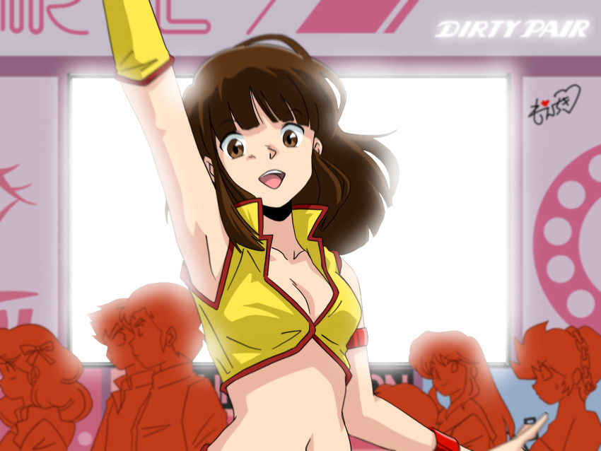 2boys 4girls benten_(urusei_yatsura) bracelet breasts brown_eyes brown_hair cleavage cosplay crop_top dirty_pair gloves highres jewelry medium_breasts medium_hair mendou_shuutarou midriff miyake_shinobu moechiki moroboshi_ataru multiple_boys multiple_girls ran_(urusei_yatsura) retro_artstyle single_glove urusei_yatsura yuri_(dirty_pair) yuri_(dirty_pair)_(cosplay)