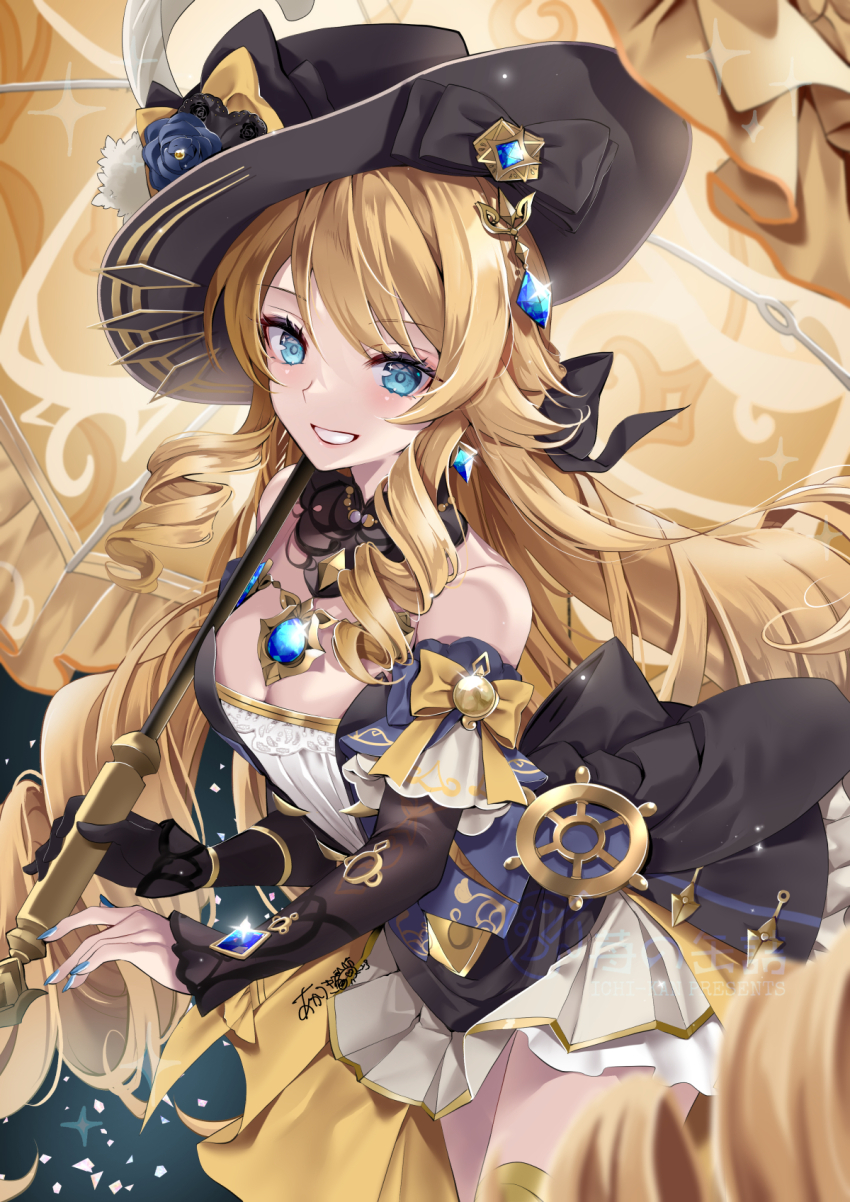 1girl akatsuki_hijiri bare_shoulders black_dress black_hat blonde_hair blue_eyes blush breasts detached_collar detached_sleeves dress drill_hair drill_sidelocks flower genshin_impact grin hat hat_feather hat_flower highres jewelry long_hair looking_at_viewer medium_breasts navia_(genshin_impact) necklace sidelocks skirt smile solo umbrella yellow_skirt