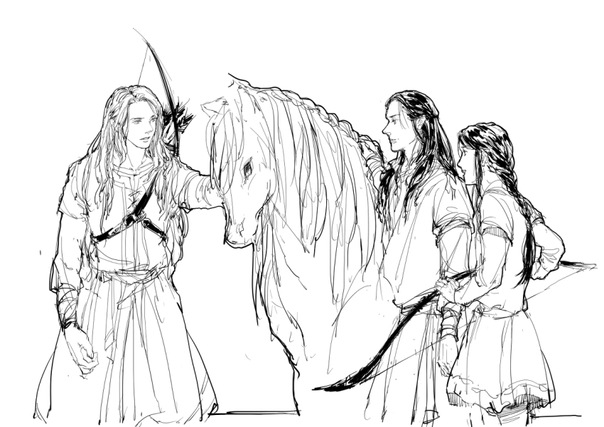 3boys arrow_(projectile) bow_(weapon) braid brothers celebrimbor celegorm closed_mouth curufin elf father_and_son horse long_hair looking_at_another male_focus monochrome multiple_boys open_mouth parted_lips pixiv_id_9475840 pointy_ears prince profile quiver siblings simple_background standing the_silmarillion tolkien&#039;s_legendarium tunic weapon