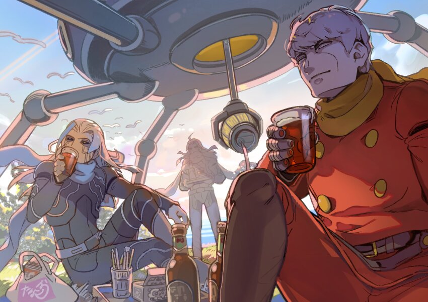 0010_(cyborg_009) 0011_(cyborg_009) 3boys absurdres albert_heinrich belt black_boots black_coat blue_scarf boots buttons coat cup cyborg cyborg_009 grey_hair highres long_hair multiple_boys red_coat scarf short_hair tanaotanako white_boots white_hair yellow_scarf