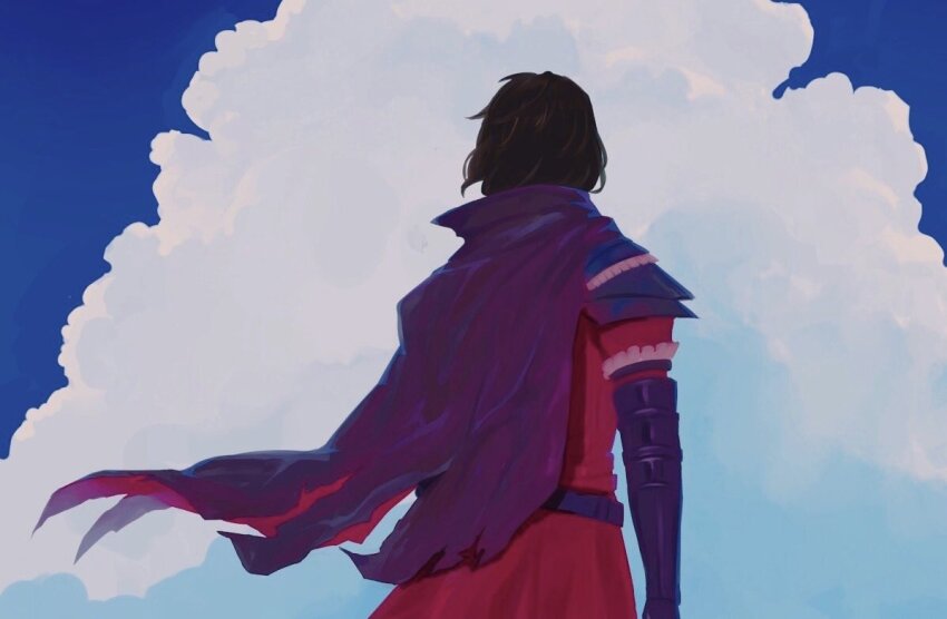 1boy armor belt black_belt black_gloves black_hair blue_sky cape cloud constantine_xi_(fate) cowboy_shot elbow_gloves facing_away fate/grand_order fate_(series) from_behind gloves male_focus nocono2 red_cape red_tunic short_hair shoulder_armor side_cape sky solo torn_cape torn_clothes tunic