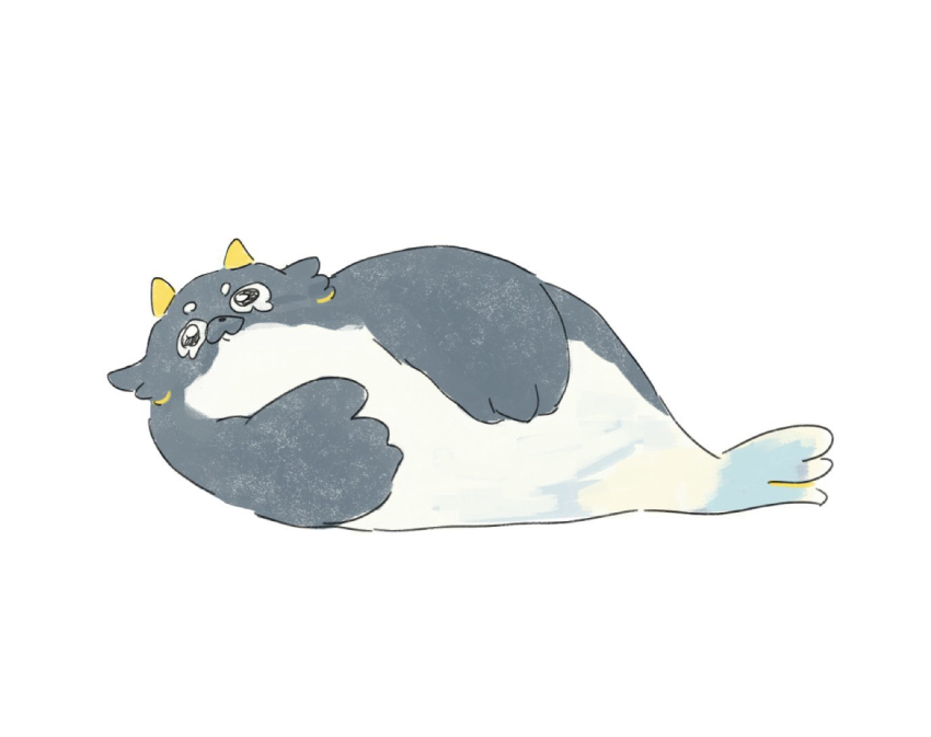 1other animal animal_focus bad_tag black_eyes blubber blubberbeast_(genshin_impact) fins fish_tail flippers genshin_impact grey_fur horns lying namawo no_humans seal_(animal) snout spotted_fur tail white_background white_fur yellow_horns