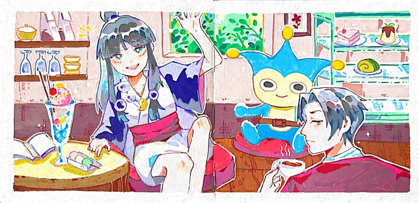 1boy 1girl ace_attorney ascot black_hair blazer blue_badger blue_eyes blunt_bangs bright_pupils cafe cake cake_slice cherry chinese_commentary closed_mouth commentary_request cup dango double-parted_bangs expressionless feet_out_of_frame flour food forehead from_behind fruit glass gradient_eyes grey_hair hair_bobbles hair_bun hair_ornament hand_on_table hand_up haori happy highres holding holding_cup ice_cream indoors jacket japanese_clothes jewelry kimono kimono_dress light_frown long_hair long_sidelocks long_sleeves looking_at_viewer looking_back magatama magatama_necklace maya_fey miles_edgeworth multicolored_eyes necklace notice_lines obi on_stool outline painting_(object) pink_sash plate pocky pudding purple_jacket red_jacket sanshoku_dango sanyue_bingbing sash short_hair short_kimono sidelocks single_hair_bun sitting sparkle steam sundae swiss_roll tea teacup thick_eyebrows traditional_media two-sided_sleeves upper_body wagashi white_ascot white_kimono white_outline white_pupils wide_sleeves window wooden_floor yellow_eyes