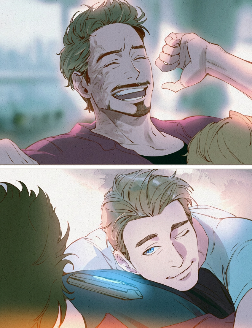2boys absurdres alternate_universe animification avengers:_endgame avengers_(series) beard black_hair black_shirt blonde_hair blue_eyes closed_mouth couple facial_hair highres hug jacket looking_at_another male_focus marvel marvel_cinematic_universe multiple_boys one_eye_closed open_clothes open_jacket open_mouth red_jacket scar scar_on_face shirt short_hair smile steve_rogers tobu_(bilibil) tony_stark white_shirt yaoi