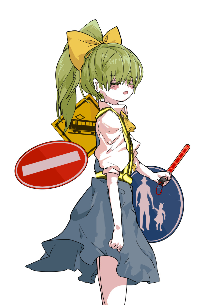 1girl absurdres blouse blush bow closed_eyes closed_mouth collared_shirt commentary_request cookie_(touhou) cowboy_shot daiyousei diyusi_(cookie) green_hair hair_bow high-visibility_clothing high-visibility_vest highres holding long_hair no_entry_sign open_mouth pedestrians_only_sign ponytail road_sign shirt short_sleeves sign simple_background solo toaru_yuuzaa touhou traffic_baton white_shirt yellow_bow