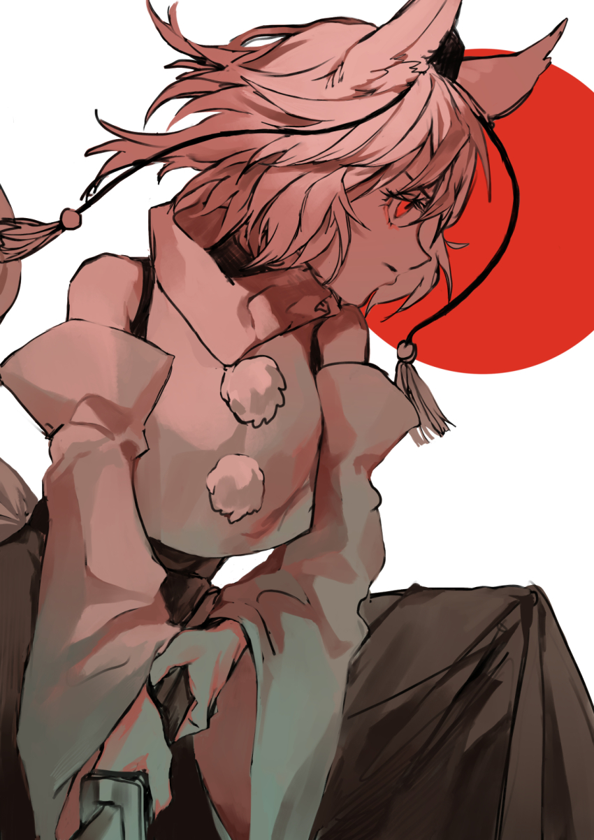 1girl ama_asagi animal_ears bare_shoulders black_skirt detached_sleeves hat highres inubashiri_momiji pom_pom_(clothes) red_eyes shirt short_hair skirt sleeveless sleeveless_shirt sword tail tokin_hat touhou turtleneck weapon white_hair white_shirt wolf_ears wolf_tail