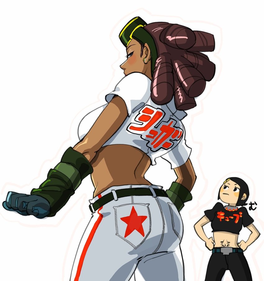 2girls ass back belt black_hair blush brown_hair cube_(jsr) dark-skinned_female dark_skin drill_hair gloves goggles goggles_on_head hands_on_own_hips highres jet_set_radio looking_back midriff multiple_girls piranha_(jsr) sega short_hair stomach_tattoo tanosigto3 tattoo y2k_fashion