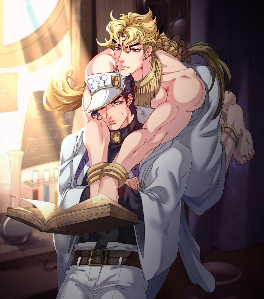 2boys barefoot birthmark black_hair book chemistry chemistry_set coat diamond_wa_kudakenai dio_brando floating floating_hair grimoire hat highres jewelry jojo_no_kimyou_na_bouken kuujou_joutarou less_end long_coat male_focus multiple_boys muscular muscular_male neck_ring reading test_tube toga turtleneck white_coat
