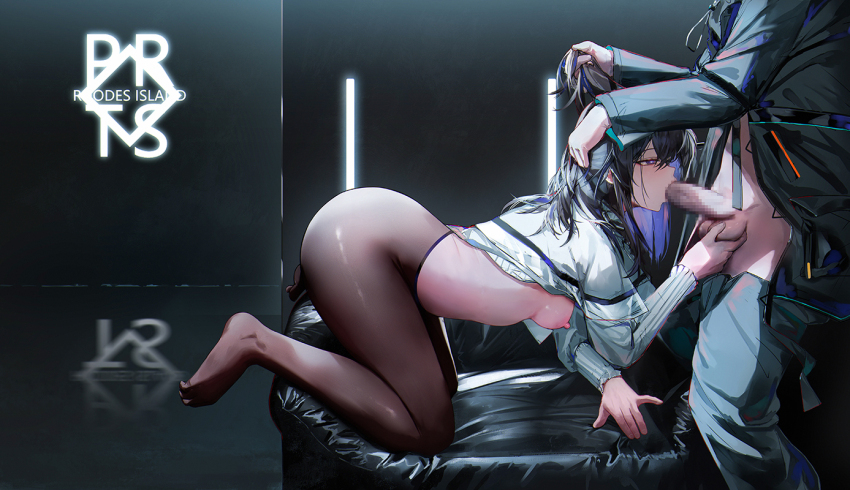 1boy 1girl all_fours arknights black_hair black_jacket breasts brown_pantyhose censored chinese_commentary colored_inner_hair commentary_request doctor_(arknights) fellatio from_side hand_on_another&#039;s_head hetero holding_another&#039;s_hair jacket long_sleeves male_doctor_(arknights) medium_breasts medium_hair mosaic_censoring multicolored_hair nipples oral pantyhose penis priestess_(arknights) profile prts_logo_(arknights) purple_eyes purple_hair reflection shirt standing testicle_grab testicles variant_set white_shirt yuuki_mix