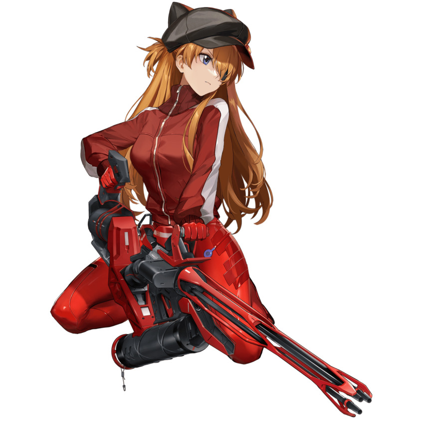 1girl :&lt; artist_collaboration blue_eyes bodysuit breasts brown_hair curvy evangelion:_3.0_you_can_(not)_redo eyepatch goddess_of_victory:_nikke hat highres holding holding_weapon interface_headset_(evangelion) jacket long_hair mecha_pilot_suit neon_genesis_evangelion official_art plugsuit_(evangelion) rebuild_of_evangelion red_bodysuit red_jacket serious shiny_clothes simple_background skin_tight souryuu_asuka_langley squatting third-party_edit transparent_background two_side_up very_long_hair weapon wide_hips
