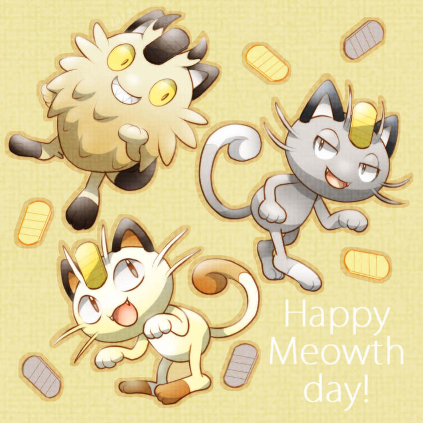 alolan_form alolan_meowth animal_focus blue_eyes fangs full_body galarian_form galarian_meowth gen_1_pokemon gen_7_pokemon gen_8_pokemon highres meowth nintendo no_humans open_mouth pokemon pokemon_(creature) simple_background smile tail tokusa403 yellow_background yellow_eyes