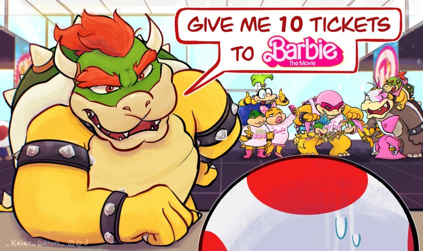 :3 barbie_(franchise) barbie_(live_action) blue_hair boots bow bowser bowser_jr. carrying colored_skin crazy_eyes doll double_thumbs_up english_text fangs father_and_son glasses green_hair green_skin hair_bow hair_ornament hairclip highres holding holding_doll horns iggy_koopa kairy_draws kamek koopalings larry_koopa lemmy_koopa ludwig_von_koopa mario_(series) morton_koopa_jr. movie_theater multicolored_hair neckerchief nintendo piggyback pink_boots pink_neckerchief pink_shoes pointy_hat polka_dot polka_dot_bow red_hair roy_koopa selfie sharp_teeth shirt shoes siblings spiked_hair spiked_shell sunglasses sweatdrop t-shirt teeth thick_eyebrows thick_lips thumbs_up toad_(mario) tongue tongue_out v wendy_o._koopa wrinkled_skin