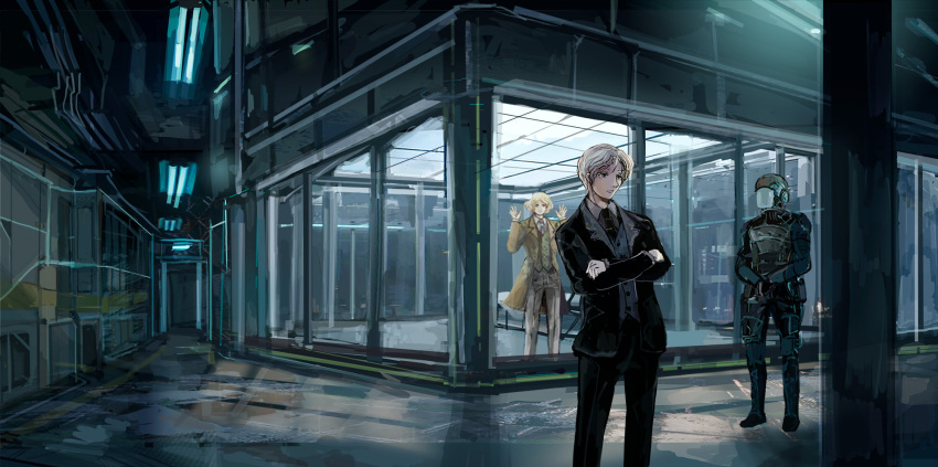 1other 2boys against_glass blonde_hair cell coat crossed_arms glass helmet highres multiple_boys necktie original room scenery soldier tagme window yamaneko8686