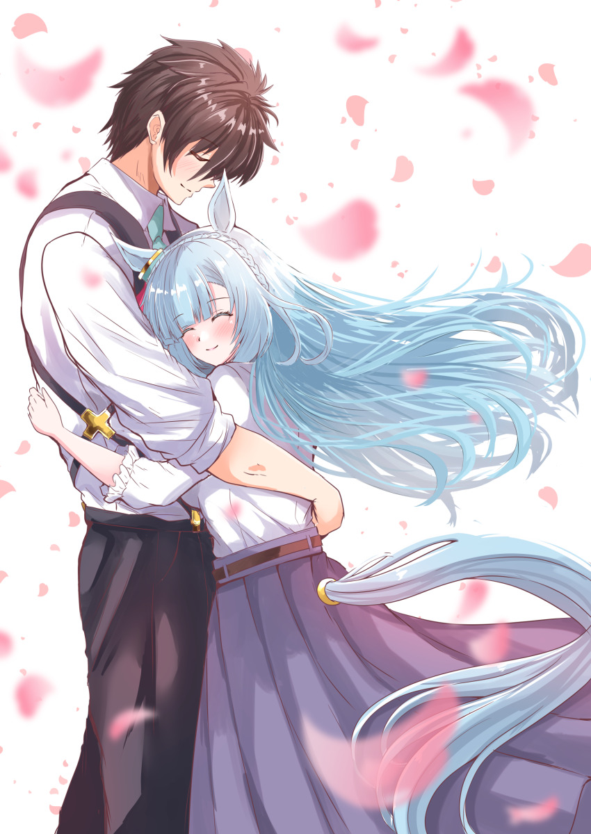 1boy 1girl absurdres animal_ears black_hair blue_eyes blush braid casual closed_eyes closed_mouth crown_braid hair_ornament highres horse_ears horse_girl hug kentan_(kingtaiki) long_hair mejiro_ardan_(umamusume) petals smile trainer_(umamusume) umamusume white_background