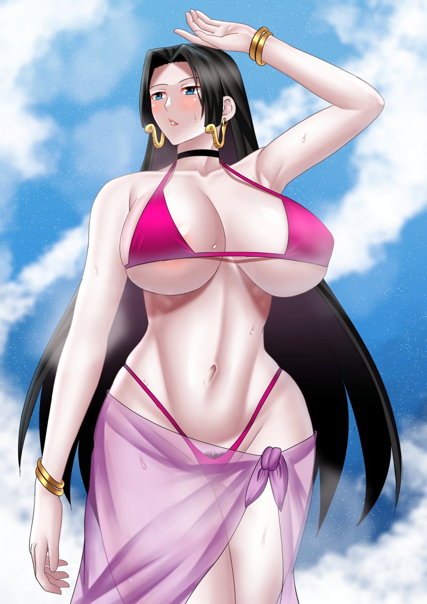 1girl absurdres bikini black_choker black_hair blue_eyes blue_sky boa_hancock bracelet breasts choker cleavage cloud curvy earrings female_focus female_pubic_hair highleg highleg_bikini highres huge_breasts jewelry long_hair navel one_piece pubic_hair pubic_hair_peek purple_bikini sarong see-through_clothes sky solo standing stomach sweat swimsuit thick_thighs thighs underboob wide_hips zinfian
