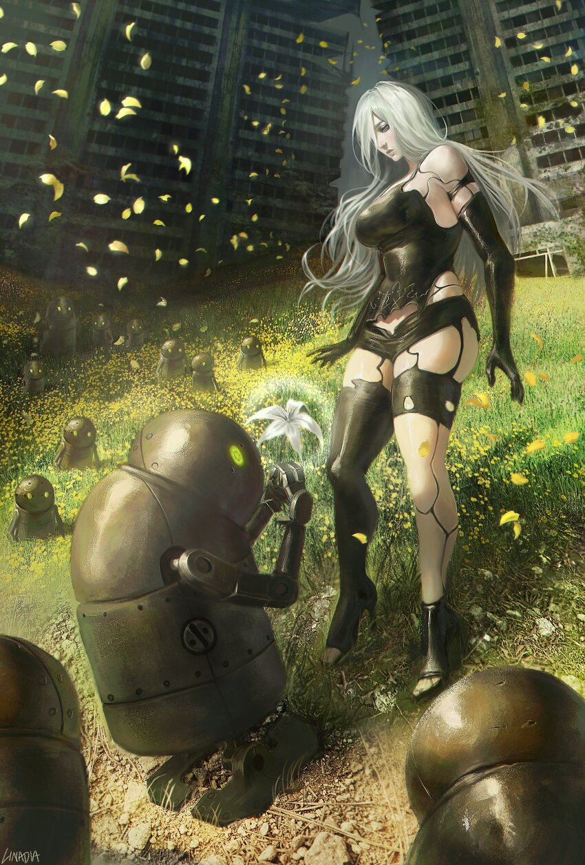 1girl a2_(nier:automata) abandoned absurdres android arm_strap artist_name bare_shoulders black_gloves black_shorts black_tank_top black_thighhighs blue_eyes breasts building commentary dilapidated dirt elbow_gloves english_commentary falling_petals flower garter_straps gloves grass hair_over_one_eye high_heels highres holding holding_flower joints large_breasts linadia11 long_hair looking_down micro_shorts midriff moss nier:automata nier_(series) outdoors overgrown petals post-apocalypse robot robot_joints rock scenery shorts standing tank_top thigh_strap thighhighs toes