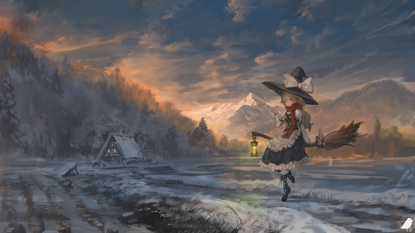 1girl alternate_eye_color apron black_boots black_hat black_skirt black_vest blonde_hair boots bow broom broom_riding brown_eyes evening farm female_focus grin hat hat_bow hut juliet_sleeves kirisame_marisa lace-up_boots lantern long_hair long_sleeves looking_at_viewer mountain puffy_sleeves red_scarf rice_paddy scarf scenery skirt smile snow solo touhou vest waist_apron waving white_apron white_bow winter witch witch_hat you_(shimizu)