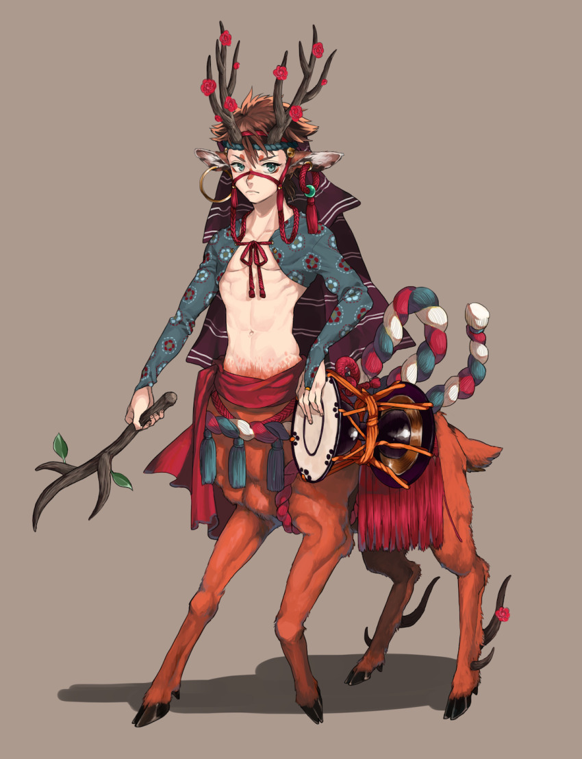 1boy animal_ears antlers brown_background centauroid clothing_request deer_antlers deer_boy deer_ears drum flower full_body green_eyes highres holding holding_stick horn_flower horns instrument kouhaku_nawa looking_at_viewer male_focus mame_moyashi monster_boy original rope shimenawa shrug_(clothing) simple_background solo standing stick taur