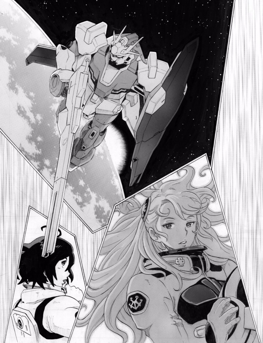 1boy 1girl absurdres aida_rayhunton bellri_zenam floating_hair flying g-arcane greyscale gun gundam gundam_g_no_reconguista hair_behind_ear unworn_headwear helmet unworn_helmet highres holding holding_gun holding_helmet holding_shield holding_weapon long_hair mecha mobile_suit monochrome official_art oota_tamon open_mouth robot science_fiction shield space v-fin weapon