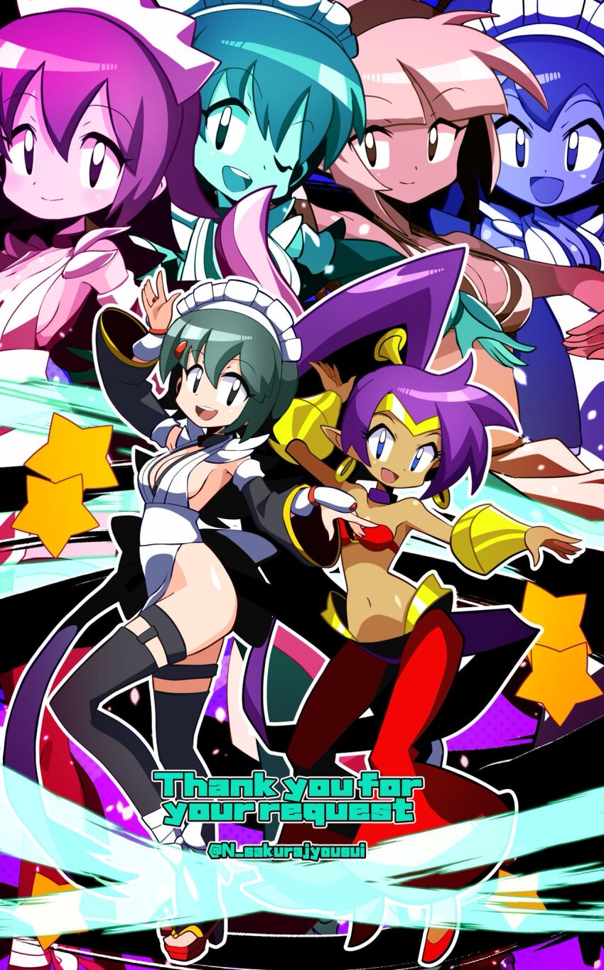 black_hair blue_eyes breasts crossover dancing dark-skinned_female dark_skin earrings highres iroha_(samurai_spirits) jewelry long_hair maid majikina_mina medium_breasts pants pointy_ears sakurajyousui_nami samurai_spirits shantae shantae_(series) short_hair small_breasts very_long_hair